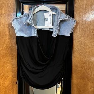 Good Time USA Denim & Black Cowl Neck Top Sleeveless Size M NWT